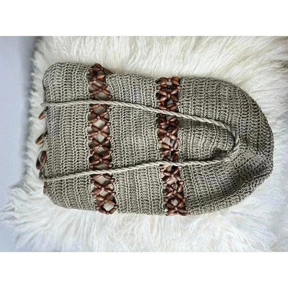 Unbranded Handbags - Crochet Hand Bag, Long Strap With Wooden Beads, Unique Purse, Spring Handbag